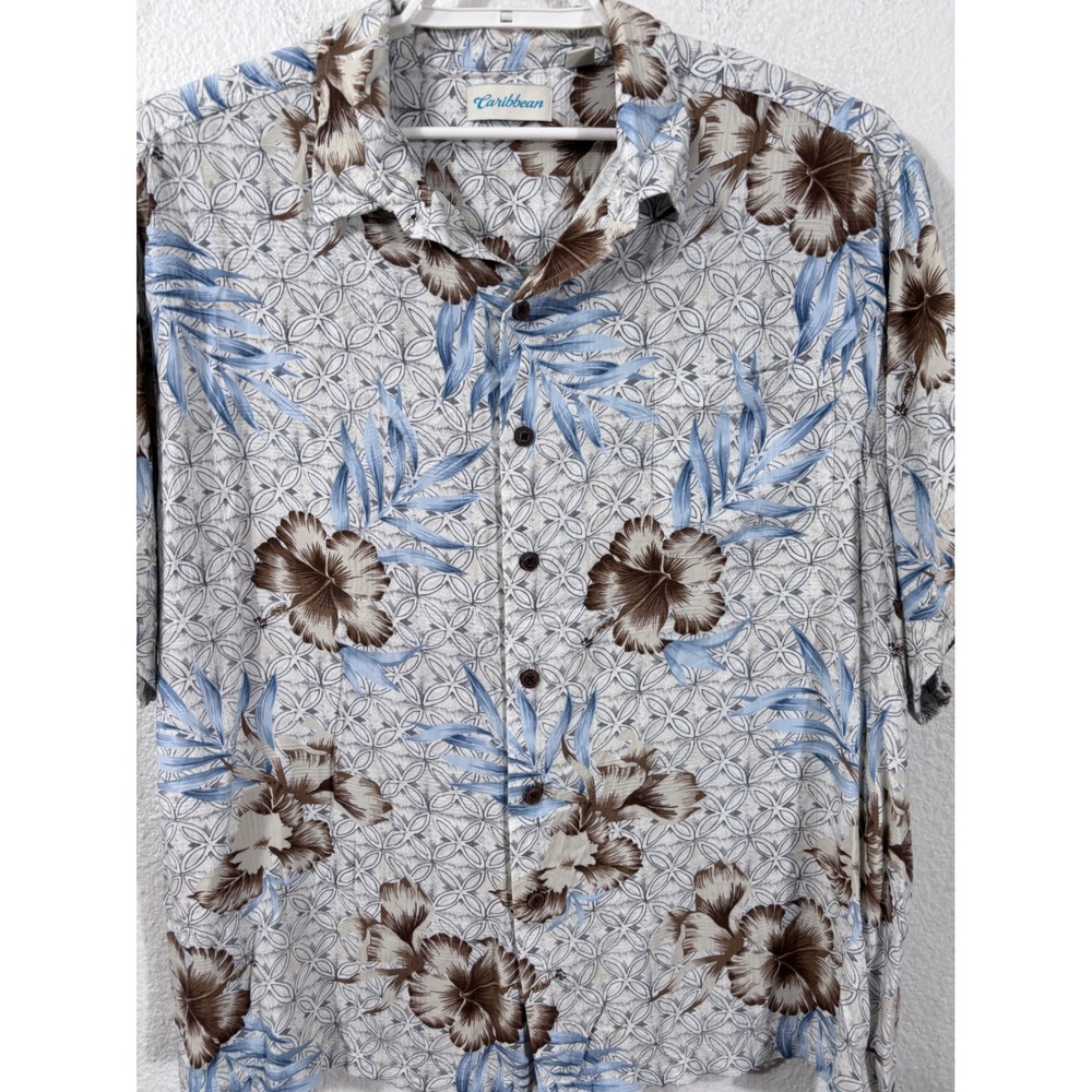 Caribbean Button Down Shirt Mens 3XB Blue Brown Floral Rayon Tropical